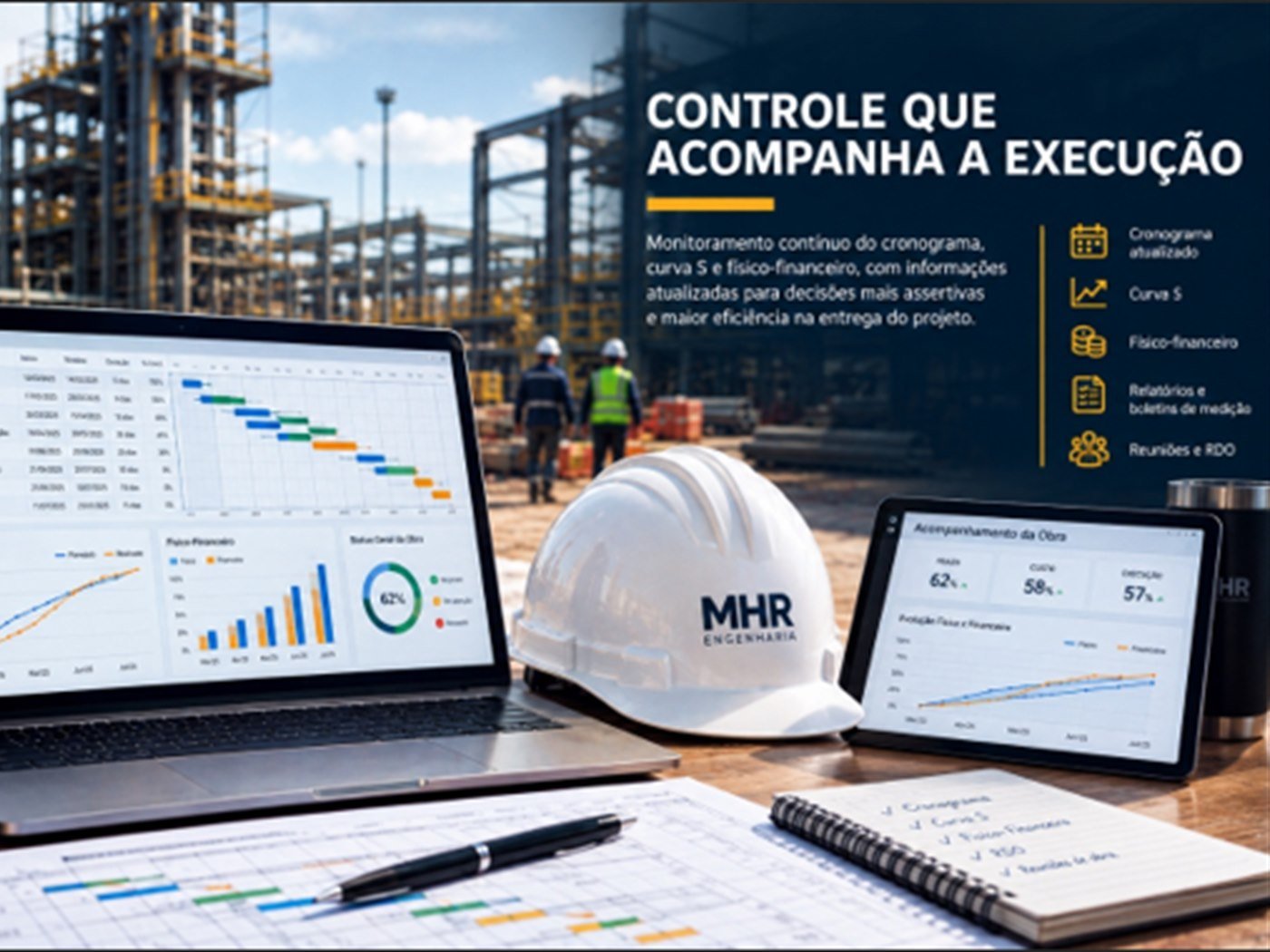 Notebook, tablet e documentos com cronogramas e indicadores de controle da execução, ao lado de capacete MHR.