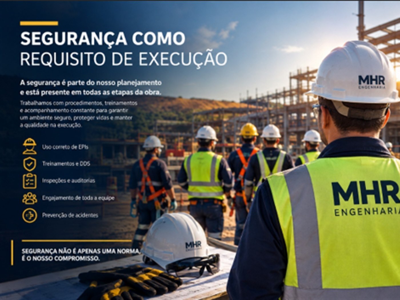 Equipe em campo com capacetes e coletes refletivos, ilustrando a segurança como requisito de execução.